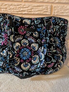 Vera Bradley Black Quilted Tote with Blue, Purple & Pink Floral Medallions